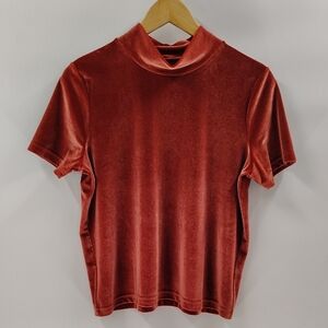 Madewell Top Size Medium Rust Velour Short Sleeve Mock Neck Fall Color